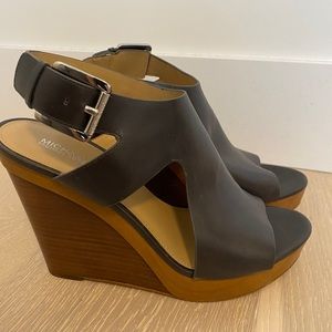 Michael Kors Black Leather & Tan Wood Wedge Sandals